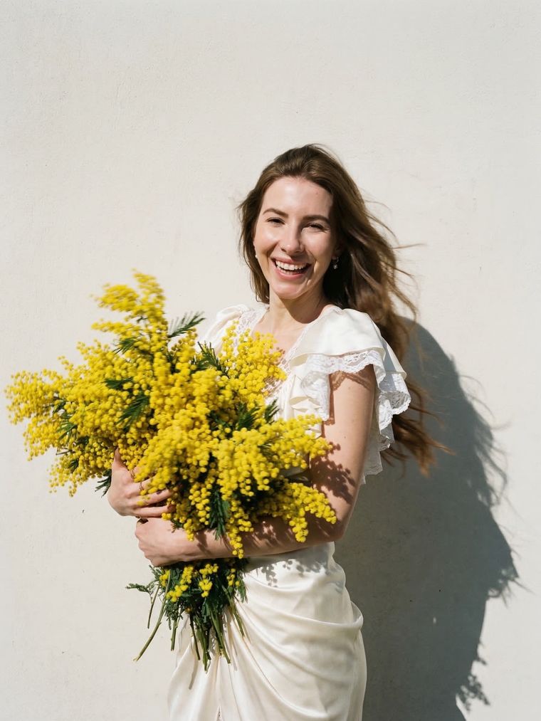 Virginia sorridente in camicetta bianca con un mazzo di mimosa
